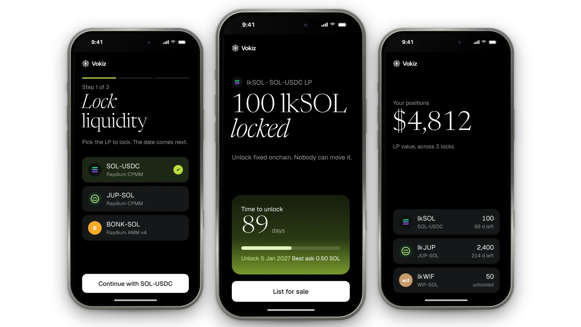 Vokiz app on three iPhones: the lock form, a position page with its order book, your positions